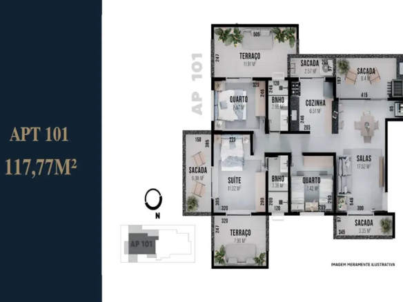 Layout Geral e Cores: A planta é predominantemente branca e cinza, com detalhes em preto para dar contraste. Isso sugere um design moderno e minimalista. As paredes são representadas por linhas pretas nítidas, enquanto os espaços internos são preenchidos com tons de cinza claro. A área do apartamento é dividida em zonas: íntima (quartos e banheiros), social (salas e terraços) e de serviço (cozinha). Essa separação funcional é um indicativo de um projeto bem pensado. Quartos e Suíte: Quarto 1: A cama de casal é disposta com cabeceira na parede, ladeada por criados-mudos. Uma janela sugere iluminação natural. A área total é de 7.87 m². Banheiro 1: Um lavabo retangular, vaso sanitário e box estão dispostos de forma compacta. A área é de 2.95 m². Suíte: A cama de casal ocupa o centro do quarto, com espaço para circulação em ambos os lados. A área total é de 11.32 m², indicando um espaço mais generoso. Banheiro da Suíte: Similar ao banheiro 1, mas com dimensões ligeiramente maiores (3.36 m²). Sacada da Suíte: Duas cadeiras e uma pequena mesa convidam ao relaxamento ao ar livre. Vasos de plantas adicionam um toque de verde. Área de 6.08 m². Quarto 2: A área de 7.42 m² é similar ao quarto 1, com a mesma disposição de cama e janela. Área Social: Salas: A sala de estar é ampla (17.52 m²), com espaço para um sofá e uma mesa de jantar com quatro cadeiras. A grande sacada adjacente amplia a sensação de espaço. Sacada da Sala: Cadeiras de madeira e plantas criam um ambiente acolhedor. Área de 3.35 m². Cozinha: A cozinha é linear e compacta (6.51 m²), com pia, fogão e geladeira dispostos ao longo de uma parede. O design é funcional e otimizado para espaços menores. Terraços: Terraço Principal: Um sofá confortável e vasos de plantas criam um espaço de relaxamento ao ar livre. A área é de 11.91 m², o maior espaço externo do apartamento. Terraço Secundário: Um sofá de dois lugares e plantas similares ao principal. A área é de 7.90 m². Outros Detalhes: As paredes têm espessuras variadas (247, 385, 320 cm), indicando paredes estruturais e divisórias. As portas são representadas por linhas curvas, mostrando o sentido de abertura. A numeração das paredes (ex: 158, 225, 265) pode se referir às dimensões ou a outros detalhes técnicos do projeto. A localização da lavanderia não está clara na planta, mas pode estar integrada à cozinha ou em um espaço separado. Em resumo, a planta do APT 101 apresenta um design moderno e funcional, com espaços bem distribuídos e áreas sociais e íntimas claramente definidas. A paleta de cores neutra e os detalhes como plantas e móveis sugerem um ambiente elegante e acolhedor.