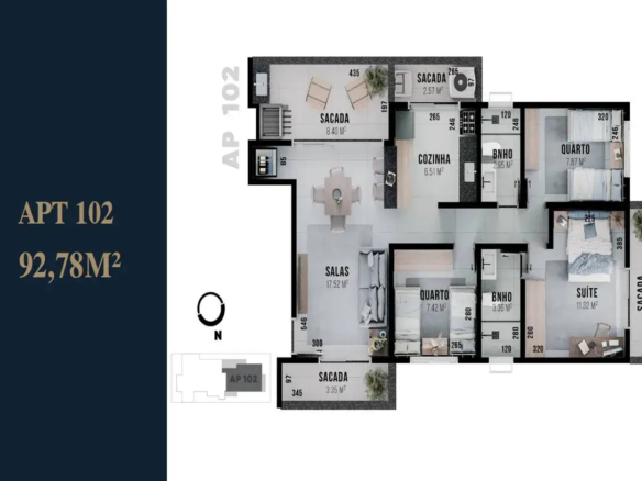 Geral e Cores: A planta é renderizada em tons neutros, criando uma sensação de modernidade e limpeza. Predominam os cinzas claros e escuros para pisos e paredes, com toques de branco para móveis e alguns detalhes. O preto é usado para contornos e textos, definindo os espaços com clareza. Área Social: Sacada Principal (8.40 m²): O piso é representado com um padrão que imita cerâmica ou pedra, em tons de cinza claro. As duas cadeiras são de design moderno, parecendo ser feitas de algum tipo de trama ou vime sintético. Estão posicionadas de frente uma para a outra, sugerindo um espaço para conversas. A mesa é pequena e redonda, ideal para apoiar bebidas ou pequenos objetos. O vaso com a planta adiciona um toque de verde e vida ao ambiente. A planta parece ser ornamental, talvez uma espécie de folhagem densa. Salas (17.52 m²): O piso continua com o mesmo padrão da sacada, criando uma continuidade visual. O sofá em "L" é volumoso e estofado em um tecido claro, provavelmente linho ou algodão. As almofadas adicionam conforto e um toque de cor (mesmo que em tons neutros). A mesa de centro é baixa e retangular, possivelmente de madeira clara, com espaço para colocar objetos decorativos. O rack para a TV é discreto, alinhado à parede, e parece ter portas ou gavetas para armazenamento. A mesa de jantar é redonda e acomoda quatro cadeiras. As cadeiras são de design minimalista, com pernas finas e assentos estofados em um tecido claro. Uma luminária pendente sobre a mesa adiciona um ponto focal e iluminação direcionada. Cozinha (6.51 m²): O piso pode ter um padrão diferente, talvez um porcelanato, para facilitar a limpeza. Os armários são lineares e de cor clara, possivelmente branco ou cinza claro. A pia é de aço inoxidável e está embutida em uma bancada de pedra escura. O fogão é cooktop, com bocas a gás e coifa para eliminar odores. A geladeira é grande e de cor clara, combinando com os armários. Sacada da Cozinha (2.57 m²): O tanque é de louça e está posicionado em um canto. O aparelho de ar condicionado é visível, indicando que a cozinha pode ser climatizada. Área Íntima: Quarto 1 (7.42 m²): As duas camas de solteiro são simples e confortáveis, com roupa de cama em tons claros. O criado-mudo é pequeno e funcional, com espaço para um abajur e outros objetos pessoais. Sacada do Quarto 1 (3.35 m²): A planta em vaso adiciona um toque de natureza ao ambiente. Banheiro Social (3.36 m²): A planta não detalha o interior do banheiro, mas é possível imaginar que ele possui um vaso sanitário, pia e chuveiro. Quarto 2 (7.87 m²): A cama de casal é confortável e convidativa, com roupa de cama em tons claros. O criado-mudo é pequeno e funcional, com espaço para um abajur e outros objetos pessoais. Banheiro da Suíte (2.95 m²): A planta não detalha o interior do banheiro, mas é possível imaginar que ele possui um vaso sanitário, pia e chuveiro. Suíte (11.32 m²): A cama de casal é confortável e convidativa, com roupa de cama em tons claros. O criado-mudo é pequeno e funcional, com espaço para um abajur e outros objetos pessoais. A mesa de trabalho é pequena e funcional, com espaço para um computador e outros materiais de escritório. Sacada da Suíte (3.72 m²): A planta em vaso adiciona um toque de natureza ao ambiente. Detalhes Adicionais: As paredes internas são representadas com linhas finas e claras. As portas são representadas com linhas mais grossas e escuras. As janelas são representadas com linhas duplas e claras. As dimensões dos cômodos são indicadas em metros, permitindo que o observador tenha uma ideia da escala do apartamento. A rosa dos ventos indica a direção Norte (N), permitindo que o observador oriente a planta. Um pequeno diagrama mostra a localização do apartamento no edifício. Com todos esses detalhes, a planta baixa ganha vida e se torna uma representação vívida do apartamento.