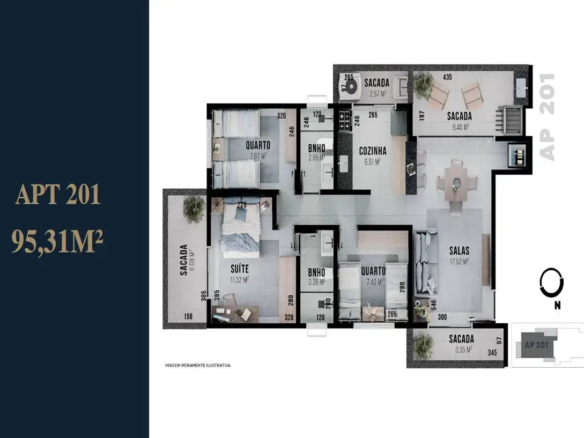 Com certeza! Vamos para uma descrição detalhada da planta do apartamento APT 201: Layout Geral e Orientação: Formato: O apartamento possui um formato mais compacto e otimizado em comparação com as plantas anteriores, com uma distribuição que busca integrar as áreas sociais e íntimas de forma funcional. Orientação: A planta inclui uma rosa dos ventos estilizada no canto inferior direito, indicando o Norte (N). Isso auxilia na compreensão da insolação e das possíveis vistas de cada ambiente. Há também um mapa com um pequeno quadrado indicando onde o apartamento está localizado, juntamente com a identificação "AP 201." Cores e Materiais (com detalhes): Pisos: O piso predominante aparenta ser de porcelanato ou cerâmica em tons claros (branco ou bege), conferindo uniformidade e amplitude aos espaços. Paredes: As paredes internas são representadas em branco, permitindo a personalização da decoração com cores e texturas diversas. Esquadrias: As janelas e portas são representadas em preto, criando um contraste elegante com as paredes claras. Detalhes: A planta emprega diferentes padrões de hachuras para representar os materiais dos pisos das sacadas, banheiros e cozinha, sugerindo uma variedade de revestimentos e acabamentos. Sacadas (análise aprofundada): Localização: O apartamento possui três sacadas: uma adjacente à suíte, uma integrada à área de serviço (acesso pela cozinha), e outra nas salas. Sacada da Suíte: A sacada da suíte (6,08 m²) oferece um espaço privativo para relaxamento, com uma pequena planta decorativa em um vaso. As dimensões da sacada são indicadas como 158 cm (largura). Sacada de Serviço: A sacada de serviço (2,57 m²) oferece um espaço funcional e possui uma pequena planta decorativa, um aparelho de ar condicionado e um tanque. As dimensões da sacada são indicadas como 97 cm (largura) e 265 cm (comprimento). Sacada das Salas: A sacada das salas (3,35 m²) é acessível a partir da área de estar, proporcionando um espaço adicional para socialização e desfrutar da vista. Possui dimensões indicadas como 345 cm (comprimento) e 97 cm (largura) e uma pequena planta decorativa em um vaso. Suíte (exploração detalhada): Área: A suíte principal tem 11,32 m². Cama: A cama de casal é o ponto focal do quarto, com roupas de cama em tons de branco e azul. Criados-Mudos: Pequenas mesas de cabeceira flanqueiam a cama, com luminárias ou objetos decorativos. Armário: Há um armário embutido, otimizando o espaço de armazenamento. Detalhes: Um acesso à sacada aumenta a comodidade do quarto. Quartos (detalhes ampliados): Área: Os quartos possuem áreas de 7,87 m² e 7,42 m². Camas: Cada quarto possui uma cama de solteiro ou casal. Armários: Há armários embutidos, oferecendo espaço para armazenamento. Detalhes: Pequenas mesas de cabeceira flanqueiam as camas, com luminárias ou objetos decorativos. Banheiros (detalhes inferidos): Área: Os banheiros possuem áreas de 2,95 m² e 3,36 m². Layout: É possível inferir que os banheiros incluem um vaso sanitário, pia e chuveiro, dispostos de forma funcional. Salas (análise aprofundada): Área: As salas de estar têm 17,52 m². Mobiliário: Um sofá espaçoso é o destaque da sala, com almofadas em diferentes tamanhos e texturas. Mesa: Uma mesa de centro serve como apoio para objetos decorativos e utilitários. Detalhes: Uma pequena mesa lateral com objetos decorativos fica ao lado do sofá, adicionando um toque pessoal ao espaço. Cozinha (detalhes ampliados): Área: A cozinha possui 6,51 m². Layout: A cozinha possui uma bancada com pia e cooktop, dispostos de forma a otimizar o espaço de trabalho. Mesa: Uma pequena mesa de refeições com duas cadeiras permite refeições rápidas e práticas. Adega: Possui uma adega para vinhos e outras bebidas. Sacada da Cozinha (detalhes ampliados): Área: A sacada da cozinha possui 8,40 m². Mobiliário: A sacada possui 2 cadeiras e uma mesa de apoio. Layout: Um ar condicionado está localizado na sacada. Informações Adicionais: Medidas: A planta inclui medidas detalhadas de cada espaço em centímetros, permitindo uma compreensão precisa das dimensões. Texto: O texto "APT 201" e "95,31 m²" estão em destaque na lateral esquerda da planta, informando sobre a identificação e área total do apartamento. Nota: A frase "IMAGEM MERAMENTE ILUSTRATIVA" indica que a planta é uma representação visual do apartamento e pode não refletir todos os detalhes com precisão. Espero que essa descrição ainda mais detalhada seja útil!