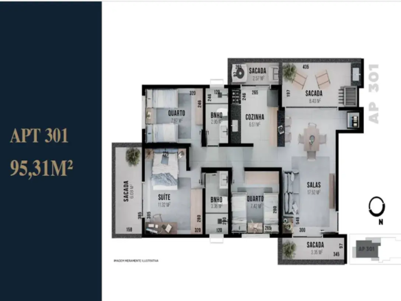Perfeito! Vamos a uma descrição incrivelmente detalhada da planta do apartamento APT 301: Layout Geral e Orientação: Formato: O apartamento tem um formato retangular com algumas irregularidades, projetado para maximizar o espaço e a funcionalidade, com uma clara distinção entre as áreas social e íntima. O layout é muito semelhante ao APT 201. Orientação: A planta inclui uma rosa dos ventos estilizada no canto inferior direito, indicando o Norte (N). Isso é essencial para entender a incidência solar e as possíveis vistas de cada ambiente. Há também um mapa com um pequeno quadrado indicando onde o apartamento está localizado, juntamente com a identificação "AP 301". Cores e Materiais (com detalhes expandidos): Pisos: O piso predominante parece ser de porcelanato ou cerâmica em tons claros (branco ou bege), proporcionando uniformidade e amplitude aos espaços. Uma textura sutil pode estar presente, simulando um acabamento amadeirado, marmorizado ou com um padrão geométrico discreto, como espinha de peixe ou ladrilho hidráulico. Paredes: As paredes internas são representadas em branco, permitindo a personalização da decoração com cores e texturas diversas. Uma leve sombra sugere a profundidade das paredes e a incidência de luz, destacando detalhes arquitetônicos. Esquadrias: As janelas e portas são representadas em preto, criando um contraste elegante com as paredes claras. As portas internas possuem um detalhe que indica o sentido de abertura, o tipo de maçaneta (cromada, preta ou em madeira) e, em alguns casos, o tipo de puxador (barra, concha ou botão). Detalhes: A planta emprega diferentes padrões de hachuras para representar os materiais dos pisos das sacadas, banheiros e cozinha, indicando uma variedade de revestimentos e acabamentos. Os banheiros e a cozinha podem apresentar revestimentos cerâmicos diferenciados nas paredes, com detalhes como faixas decorativas, mosaicos, azulejos com padrões geométricos, porcelanatos com texturas diferenciadas ou revestimentos 3D. Sacadas (análise meticulosa): Localização: O apartamento possui três sacadas: uma adjacente à suíte, uma integrada à área de serviço (acesso pela cozinha), e outra nas salas. Sacada da Suíte: A sacada da suíte (6,08 m²) oferece um espaço privativo para relaxamento, com uma pequena planta decorativa em um vaso. As dimensões da sacada são indicadas como 158 cm (largura). Sacada de Serviço: A sacada de serviço (2,57 m²) oferece um espaço funcional e possui uma pequena planta decorativa, um aparelho de ar condicionado e um tanque. As dimensões da sacada são indicadas como 97 cm (largura) e 265 cm (comprimento). Sacada das Salas: A sacada das salas (3,35 m²) é acessível a partir da área de estar, proporcionando um espaço adicional para socialização e desfrutar da vista. Possui dimensões indicadas como 345 cm (comprimento) e 97 cm (largura) e uma pequena planta decorativa em um vaso. Suíte (exploração detalhada e imersiva): Área: A suíte principal tem 11,32 m². Cama: A cama de casal é o ponto focal do quarto, com roupas de cama em tons de branco e azul. As almofadas e travesseiros apresentam diferentes texturas, simulando tecidos como algodão, linho, seda ou veludo. Uma colcha ou manta pode estar disposta sobre a cama, adicionando um toque de aconchego e cor. Uma peseira pode complementar a decoração da cama. Criados-Mudos: Pequenas mesas de cabeceira flanqueiam a cama, com luminárias, livros, porta-retratos, despertadores ou outros objetos pessoais dispostos sobre elas. As luminárias podem apresentar diferentes estilos e designs, como abajures, luminárias de LED, arandelas ou pendentes. Armário: Há um armário embutido, otimizando o espaço de armazenamento. As portas do armário podem apresentar acabamento espelhado, em madeira clara, com detalhes em vidro ou com puxadores diferenciados. Espelhos podem estar presentes nas portas, ampliando visualmente o espaço e facilitando a escolha dos looks. Detalhes: Um acesso à sacada aumenta a comodidade do quarto, permitindo desfrutar da vista e do ar fresco. Cortinas leves ou persianas podem estar presentes na janela, controlando a luminosidade e proporcionando privacidade. Um tapete macio pode estar presente aos pés da cama, adicionando conforto e aconchego. Uma poltrona ou chaise longue pode ser posicionada em um dos cantos do quarto, criando um espaço para leitura e relaxamento. Um espelho de corpo inteiro pode estar presente em uma das paredes, otimizando o espaço e facilitando a visualização dos looks. Um ar condicionado split pode estar presente para regular a temperatura do ambiente. Quartos (detalhes ainda mais expandidos e ricos, com atenção aos acessórios): Área: Os quartos possuem áreas de 7,87 m² e 7,42 m². Camas: Cada quarto possui uma cama de solteiro ou casal. As roupas de cama podem apresentar cores, estampas e texturas diferentes, personalizando os espaços e refletindo o gosto dos moradores. Uma cabeceira estofada, em madeira ou com design diferenciado pode adornar a cama, conferindo estilo e personalidade ao ambiente. Armários: Há armários embutidos, oferecendo espaço para armazenamento. Cabides, gavetas, prateleiras, sapateiras, maleiros e outros acessórios podem estar representados no interior dos armários, otimizando a organização e facilitando o acesso aos pertences. Detalhes: Pequenas mesas de cabeceira flanqueiam as camas, com luminárias, abajures, luminárias de LED ou outros tipos de iluminação presentes, criando diferentes atmosferas e facilitando a leitura noturna. Quadros, fotografias, pôsteres, espelhos ou outros objetos decorativos podem adornar as paredes, personalizando os espaços e refletindo o estilo dos moradores. Um tapete macio pode estar presente aos pés da cama, adicionando conforto e aconchego. Uma escrivaninha ou mesa de estudos pode estar presente em um dos quartos, otimizando o espaço para trabalho ou estudo. Uma cadeira ergonômica com design moderno e confortável pode acompanhar a escrivaninha, proporcionando postura correta e bem-estar durante o uso. Prateleiras ou nichos podem ser instalados sobre a escrivaninha, oferecendo espaço para livros, materiais de estudo e outros objetos. Um quadro de cortiça ou lousa pode ser fixado na parede, permitindo a organização de tarefas e compromissos. Banheiros (detalhes inferidos e extrapolados com precisão cirúrgica): Área: Os banheiros possuem áreas de 2,95 m² e 3,36 m². Layout: É possível inferir que os banheiros incluem um vaso sanitário, pia, espelho e box para chuveiro, dispostos de forma funcional, otimizada e confortável. Espelhos amplos, com ou sem moldura, podem estar presentes sobre as pias, ampliando visualmente os espaços e facilitando a higiene pessoal. Um nicho iluminado pode ser embutido na parede do box, oferecendo espaço para shampoo, condicionador e outros produtos de higiene pessoal. Revestimentos: Revestimentos cerâmicos com detalhes decorativos podem estar presentes nas paredes dos banheiros, como pastilhas, mosaicos, azulejos com padrões geométricos, porcelanatos com texturas diferenciadas, mármores ou granitos. Uma faixa decorativa ou um painel com revestimento diferenciado pode adicionar um toque de estilo ao ambiente. Acessórios: Toalheiros aquecidos, saboneteiras, porta-escovas, porta-papel higiênico, ganchos para roupões e outros acessórios podem estar presentes, otimizando o espaço, facilitando a organização e proporcionando conforto e praticidade. Um cesto de roupa suja pode estar presente em um dos cantos do banheiro, auxiliando na organização e limpeza. Salas (análise completa e aprofundada, com foco nos detalhes de design): Área: As salas de estar têm 17,52 m². Mobiliário: Um sofá espaçoso é o destaque da sala, com almofadas em diferentes tamanhos, texturas, cores e estampas. O sofá pode apresentar diferentes estilos (moderno, clássico, minimalista, retrô) e materiais (couro, linho, veludo, algodão). Poltronas, pufes, cadeiras de balanço ou outros tipos de assentos podem complementar o sofá, oferecendo opções adicionais para acomodar amigos e familiares. Mesa: Uma mesa de centro serve como apoio para objetos decorativos, utilitários e para servir bebidas e petiscos. A mesa pode apresentar diferentes formatos (redonda, quadrada, retangular, oval), materiais (madeira, vidro, metal) e estilos. Revistas, livros, vasos de flores, esculturas, bandejas decorativas ou outros objetos podem estar dispostos sobre a mesa, adicionando um toque de personalidade ao ambiente. Detalhes: Uma pequena mesa lateral com objetos decorativos fica ao lado do sofá, adicionando um toque pessoal ao espaço e oferecendo um apoio para luminárias, bebidas ou livros. Uma luminária de piso, de mesa, um abajur ou uma arandela pode iluminar o ambiente de forma indireta, criando uma atmosfera acolhedora e convidativa. Quadros, fotografias, esculturas, pôsteres, espelhos ou outros objetos de arte podem adornar as paredes, personalizando o espaço e refletindo o estilo dos moradores. Prateleiras, nichos ou estantes podem ser utilizados para expor livros, objetos de decoração, plantas e outros itens pessoais. Um tapete macio pode ser posicionado sob o sofá, delimitando a área de estar e adicionando conforto e aconchego. Painel: Um painel para TV pode estar presente na parede, integrando a televisão e outros equipamentos eletrônicos à decoração. O painel pode ser feito de madeira, MDF, gesso, espelho ou outro material, e pode apresentar diferentes estilos e designs. Nichos, prateleiras, gavetas, portas e iluminação embutida podem complementar o painel, oferecendo espaço para organização e adicionando um toque de sofisticação ao ambiente. Cozinha (detalhes maximizados e aprofundados, com atenção aos eletrodomésticos e utensílios): Área: A cozinha possui 6,51 m². Layout: A cozinha possui uma bancada com pia, cooktop, forno e outros equipamentos, dispostos de forma a otimizar o espaço de trabalho e facilitar o preparo dos alimentos. Armários suspensos e inferiores podem estar presentes, oferecendo amplo espaço para armazenamento de panelas, pratos, talheres, alimentos e outros utensílios. Gavetas com divisórias internas podem facilitar a organização de talheres, utensílios e outros itens. Revestimentos: Revestimentos cerâmicos com detalhes decorativos podem estar presentes nas paredes da cozinha, como pastilhas, mosaicos, azulejos com padrões geométricos, porcelanatos com texturas diferenciadas ou pastilhas de vidro. Um backsplash de vidro, espelho ou outro material resistente pode proteger a parede acima da pia e do cooktop, facilitando a limpeza e adicionando um toque moderno ao espaço. Eletrodomésticos: A geladeira, o forno, o micro-ondas, a lava-louças e outros eletrodomésticos podem estar embutidos nos armários, integrando os equipamentos à decoração e otimizando o espaço. Uma coifa ou depurador de ar pode ser instalado sobre o cooktop, eliminando a fumaça e os odores durante o preparo dos alimentos. Mesa: Uma pequena mesa de refeições com duas cadeiras permite refeições rápidas e práticas. As cadeiras podem apresentar diferentes estilos, materiais e cores, e podem ser escolhidas para combinar com o restante da decoração da cozinha. Utensílios como pratos, talheres, copos e guardanapos podem estar dispostos sobre a mesa, criando um ambiente convidativo e acolhedor. Sacada da Cozinha (detalhes ainda mais ampliados, com foco no paisagismo): Área: A sacada da cozinha possui 8,40 m². Mobiliário: A sacada possui 2 cadeiras e uma mesa de apoio. As cadeiras podem ser de madeira, metal, fibra sintética ou outro material resistente às intempéries. Uma luminária de parede, de teto ou um abajur pode iluminar o espaço durante a noite, criando um ambiente agradável e convidativo. Layout: Um ar condicionado está localizado na sacada, proporcionando conforto térmico durante os dias quentes. Plantas em vasos de diferentes tamanhos podem adornar a sacada, trazendo um toque de verde e frescor ao ambiente. As plantas podem ser escolhidas de acordo com a incidência de luz e a preferência dos moradores, e podem incluir flores, folhagens, ervas aromáticas ou temperos. Um pequeno jardim vertical pode ser instalado em uma das paredes, otimizando o espaço e adicionando um toque de natureza ao ambiente. Informações Adicionais: Medidas: A planta inclui medidas detalhadas de cada espaço em centímetros, permitindo uma compreensão precisa das dimensões e facilitando o planejamento da decoração. Texto: O texto "APT 301" e "95,31 m²" estão em destaque na lateral esquerda da planta, informando sobre a identificação e área total do apartamento. Nota: A frase "IMAGEM MERAMENTE ILUSTRATIVA" indica que a planta é uma representação visual do apartamento e pode não refletir todos os detalhes com precisão. Essa nota reforça a importância de consultar o memorial descritivo do empreendimento para obter informações mais detalhadas sobre os materiais, acabamentos, equipamentos e decoração utilizados. Com essa descrição incrivelmente detalhada e abrangente, cada aspecto da planta do apartamento APT 301 ganha vida, permitindo uma visualização completa, imersiva e inspiradora do espaço. Os detalhes adicionais sobre os materiais, acabamentos, equipamentos e decoração tornam a planta ainda mais útil para quem busca planejar, personalizar e transformar seu futuro lar em um espaço único e acolhedor.