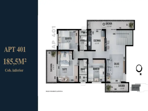 Perfeito, vamos a uma descrição ainda mais detalhada da planta do apartamento APT 401: Layout Geral e Orientação: Formato: O apartamento tem um formato retangular irregular, com uma disposição que prioriza a separação entre áreas sociais e íntimas. Orientação: A planta inclui uma rosa dos ventos estilizada no canto inferior direito, indicando o Norte (N). Isso permite inferir a incidência solar e a vista potencial de cada cômodo. Há também um mapa com um pequeno quadrado indicando onde o apartamento está localizado, juntamente com a identificação "AP 401." Acesso: O acesso principal ao apartamento não está explicitamente indicado na planta, mas pode ser inferido através da localização da sala e cozinha, que geralmente estão próximas à entrada. Cores e Materiais (detalhes ampliados): Pisos: O piso predominante parece ser de porcelanato ou cerâmica em tons claros (branco ou bege), criando uma sensação de amplitude e luminosidade. Paredes: As paredes internas são representadas em branco, permitindo a personalização da decoração com cores e texturas variadas. Esquadrias: As janelas e portas são representadas em preto, criando um contraste marcante com as paredes claras. Detalhes: A planta utiliza diferentes padrões de hachuras para representar os materiais dos pisos das sacadas, banheiros e cozinha, sugerindo uma variedade de revestimentos e acabamentos. Sacadas (análise aprofundada): Localização: O apartamento possui três sacadas: uma adjacente à suíte, uma na área de serviço (acesso à cozinha), e outra nas salas. Sacada da Suíte: A sacada da suíte (6,08 m²) oferece um espaço privativo para relaxamento, com uma pequena planta decorativa em um vaso. As dimensões da sacada são indicadas como 158 cm (largura). Sacada de Serviço: A sacada de serviço (6,93 m²) oferece um espaço privativo e possui uma escada para o pavimento superior, além de uma unidade externa de ar condicionado. As dimensões da sacada são indicadas como 715 cm (comprimento). Sacada das Salas: A sacada das salas (3,35 m²) é acessível a partir da área de estar, proporcionando um espaço adicional para socialização e desfrutar da vista. Possui dimensões indicadas como 345 cm (comprimento) e uma pequena planta decorativa em um vaso. Suíte (exploração detalhada): Área: A suíte principal tem 11,32 m². Cama: A cama de casal é o ponto focal do quarto, com roupas de cama em tons de branco e azul. Criados-Mudos: Pequenas mesas de cabeceira flanqueiam a cama. Armário: Há um armário embutido, oferecendo espaço para armazenamento. Acesso: Um acesso à sacada oferece maior comodidade ao quarto. Quartos (detalhes ampliados): Área: Os quartos possuem áreas de 7,87 m² e 7,42 m². Camas: Cada quarto possui uma cama de solteiro ou casal. Armários: Há armários embutidos, oferecendo espaço para armazenamento. Detalhes: Pequenas mesas de cabeceira flanqueiam as camas. Banheiros (detalhes inferidos): Área: Os banheiros possuem áreas de 2,95 m² e 3,36 m². Layout: É possível inferir que os banheiros incluem um vaso sanitário, pia e chuveiro. Salas (análise aprofundada): Área: As salas de estar têm 17,95 m². Mobiliário: Um sofá espaçoso é o destaque da sala, com almofadas. Detalhes: Uma pequena mesa lateral com objetos decorativos fica ao lado do sofá. Cozinha (detalhes ampliados): Área: A cozinha possui 6,51 m². Layout: A cozinha possui uma bancada com pia, cooktop, mesa de refeições e duas cadeiras. Informações Adicionais: Medidas: A planta inclui medidas detalhadas de cada espaço em centímetros, permitindo uma compreensão precisa das dimensões. Texto: O texto "APT 401" e "185,5 m²" estão em destaque na lateral esquerda da planta, informando sobre a identificação e área total do apartamento. A frase "Cob. inferior" indica que se trata de uma cobertura. Nota: A frase "IMAGEM MERAMENTE ILUSTRATIVA" indica que a planta é uma representação visual do apartamento e pode não refletir todos os detalhes com precisão. Espero que essa descrição ainda mais detalhada seja útil!