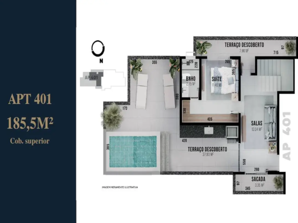 Absolutamente! Vamos mergulhar nos detalhes da planta do apartamento de cobertura (APT 401): Layout Geral e Orientação: Formato: O apartamento tem um formato retilíneo alongado, com a maior parte da área interna conectada ao terraço descoberto central. Orientação: A planta inclui uma rosa dos ventos estilizada no canto superior esquerdo, indicando o Norte (N). Isso permite entender a incidência solar e a vista potencial do apartamento. Há também um mapa com um pequeno quadrado indicando onde o apartamento está localizado, juntamente com a identificação "AP 401." Cores e Materiais (em detalhes): Pisos: O piso predominante parece ser de cerâmica ou porcelanato em tons de cinza claro, tanto nas áreas internas quanto externas. Essa escolha unifica visualmente os espaços. Paredes: As paredes internas são representadas em branco, criando um contraste limpo com os móveis e detalhes decorativos. Mobiliário: A madeira é um elemento presente em alguns móveis, como a base da pia no terraço e detalhes nos armários do banheiro, adicionando calor e textura. Água: A água da piscina é renderizada em um azul-turquesa vibrante, com pequenas linhas indicando as divisórias dos azulejos. Isso cria um ponto focal atraente no terraço. Terraço Descoberto (detalhes ampliados): Área: A área total do terraço é de 37,83 m², um espaço generoso para relaxamento e entretenimento. Piscina: A piscina retangular é cercada por uma borda de pedra clara, com detalhes texturizados. A água é renderizada com reflexos sutis, dando a impressão de movimento e profundidade. As dimensões da piscina são indicadas como 385 cm (largura). Mobiliário: As duas espreguiçadeiras brancas estão posicionadas próximas à piscina, convidando ao relaxamento. Elas têm um design moderno e minimalista. Vegetação: Vasos de plantas de diferentes tamanhos estão espalhados pelo terraço. Uma árvore de pequeno porte em um vaso grande fica próxima à piscina, enquanto plantas menores adornam os cantos e áreas de passagem. As plantas são renderizadas com detalhes nas folhas, adicionando um toque orgânico ao ambiente. Outros Detalhes: Uma pia embutida com torneira moderna está localizada em um dos cantos do terraço, facilitando a limpeza e o preparo de bebidas. Suíte (exploração detalhada): Área: A suíte principal tem 11,49 m². Cama: A cama de casal é o ponto focal do quarto, com roupas de cama em tons de branco, azul e cinza. Almofadas decorativas adicionam conforto e estilo. Criados-Mudos: Pequenas mesas de cabeceira flanqueiam a cama, com luminárias e objetos decorativos. Guarda-Roupa: Um guarda-roupa embutido está localizado em uma das paredes, oferecendo amplo espaço para armazenamento. Detalhes: Uma planta em um vaso pequeno está sobre o criado-mudo, adicionando um toque de cor e vida ao quarto. Banheiro (detalhes inferidos): Área: O banheiro é compacto, com apenas 2,75 m². Layout: Embora os detalhes específicos não sejam visíveis, podemos inferir que o banheiro inclui um vaso sanitário, pia e chuveiro. Salas (análise aprofundada): Área: As salas de estar têm 13,04 m². Mobiliário: Um sofá cinza espaçoso é o destaque da sala, com almofadas em diferentes tamanhos e texturas. Tapete: Um tapete macio e aconchegante está posicionado sob o sofá, definindo a área de estar. Detalhes: Uma pequena mesa lateral com objetos decorativos fica ao lado do sofá, adicionando um toque pessoal ao espaço. Há também uma estante ou prateleira com livros e outros itens. Sacada (detalhes finais): Área: A sacada tem 3,35 m². Acesso: A sacada é acessível a partir da área de estar, proporcionando um espaço adicional para relaxar e desfrutar da vista. Detalhes: Há uma planta decorativa em um vaso pequeno, adicionando um toque de verde à sacada. Informações Adicionais: Medidas: A planta inclui medidas detalhadas de cada espaço em centímetros, permitindo uma compreensão precisa das dimensões. Texto: O texto "APT 401" e "185,5 m²" estão em destaque na lateral esquerda da planta, informando sobre a identificação e área total do apartamento. A frase "Cob. superior" indica que se trata de uma cobertura. Nota: A frase "IMAGEM MERAMENTE ILUSTRATIVA" indica que a planta é uma representação visual do apartamento e pode não refletir todos os detalhes com precisão. Espero que essa descrição mais detalhada seja útil! Se você tiver alguma outra pergunta, é só me dizer.