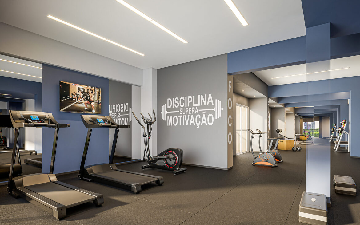 academia-fitness-now-111 Academia completa com esteiras, aparelhos de musculação e frase motivacional na parede do Now 111.