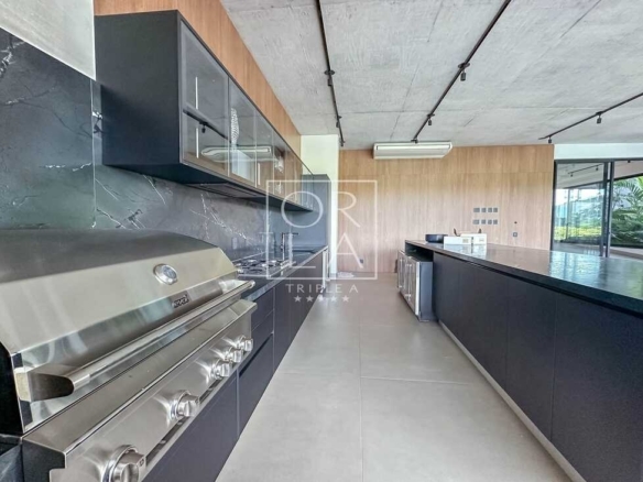 Área de churrasqueira gourmet com acabamento em aço inox e bancada preta.