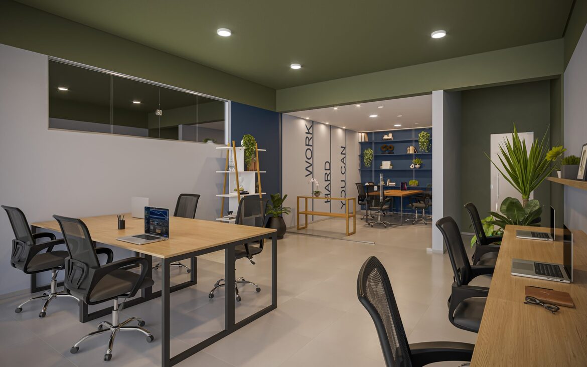 coworking-espaco-trabalho-condominio Espaço de coworking com mesas de madeira, cadeiras pretas ergonômicas e decoração inspiracional "Work Hard".