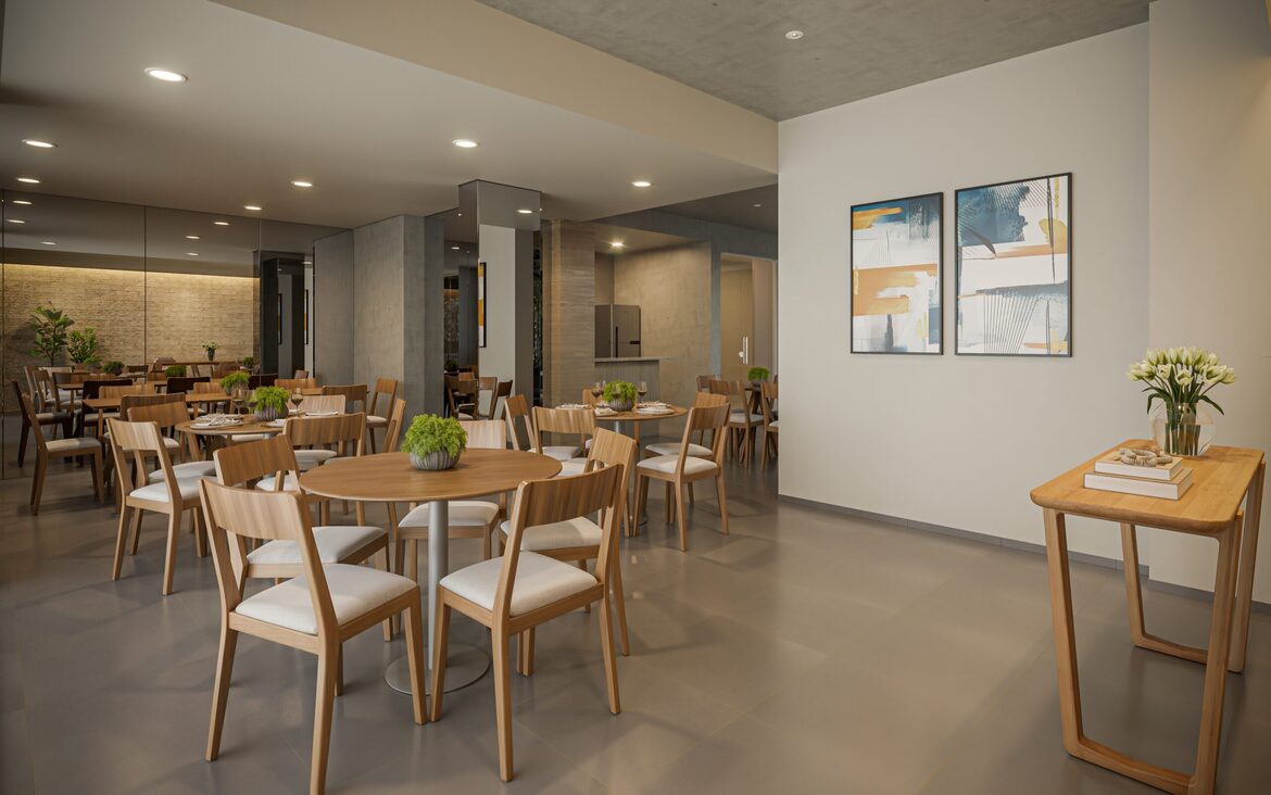 espaco-gourmet-mesas-jantar Espaço gourmet com várias mesas redondas de madeira, cadeiras modernas e quadros abstratos na parede.