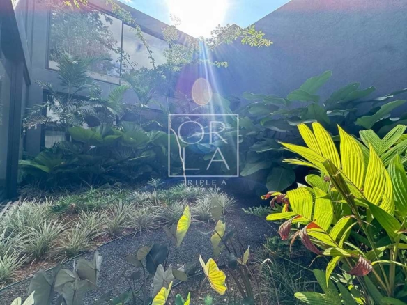 Jardim de inverno com paisagismo tropical em casa de luxo no Aldeia do Vale.