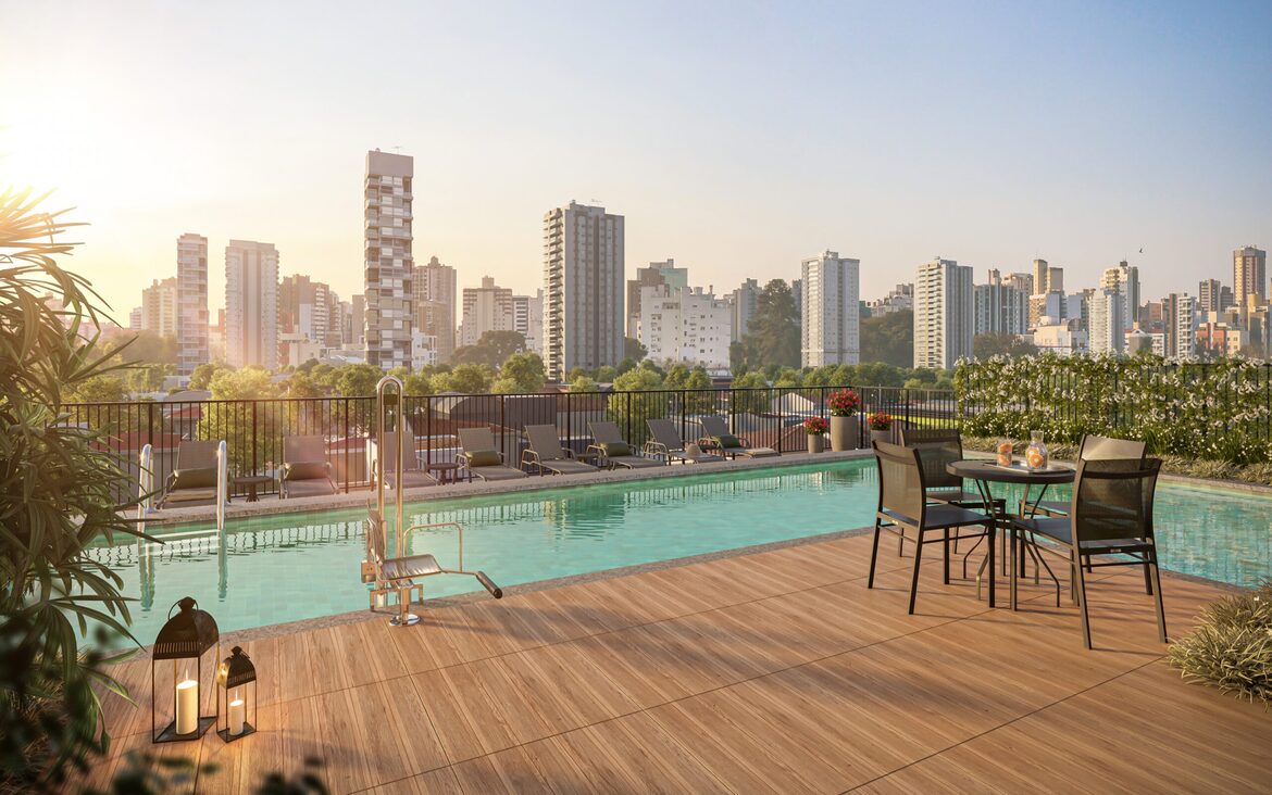 piscina-rooftop-vista-now-111 Piscina no rooftop com deck de madeira, espreguiçadeiras e vista panorâmica da cidade no Now 111.