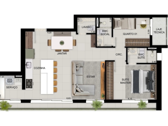 Planta baixa humanizada de apartamento com duas suítes, sala de estar integrada, cozinha e área de serviço.