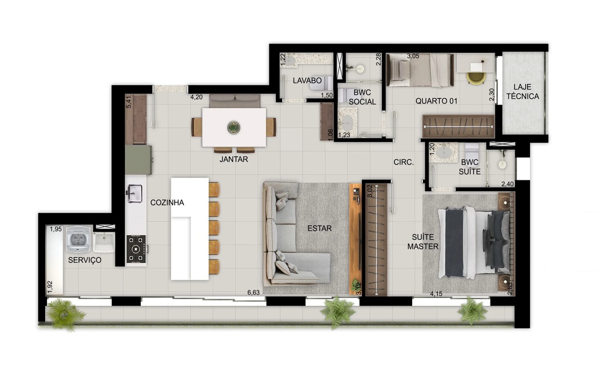 Planta baixa humanizada de apartamento com duas suítes, sala de estar integrada, cozinha e área de serviço.
