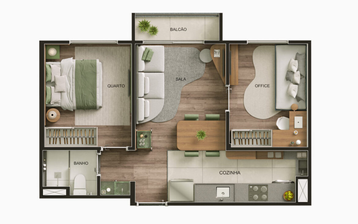 planta-decorado-now-111 Planta baixa humanizada de apartamento com 1 quarto, office e sala integrada no empreendimento Now 111.