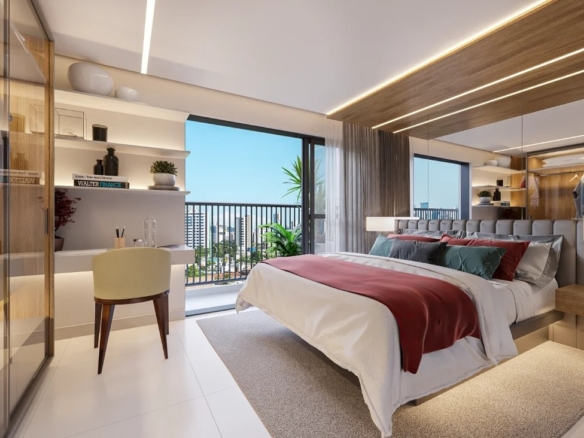 Quarto de casal moderno no residencial Tempus com sacada, mesa de estudos e decoração em tons neutros e madeira.