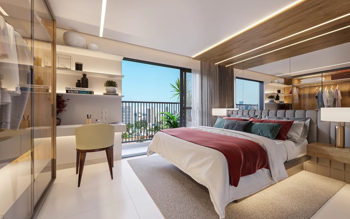 Quarto de casal moderno no residencial Tempus com sacada, mesa de estudos e decoração em tons neutros e madeira.