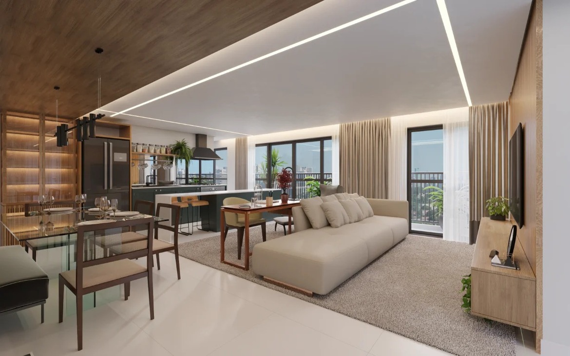 Sala de estar e jantar integrada com cozinha moderna, iluminação em fita de LED no teto e móveis contemporâneos.