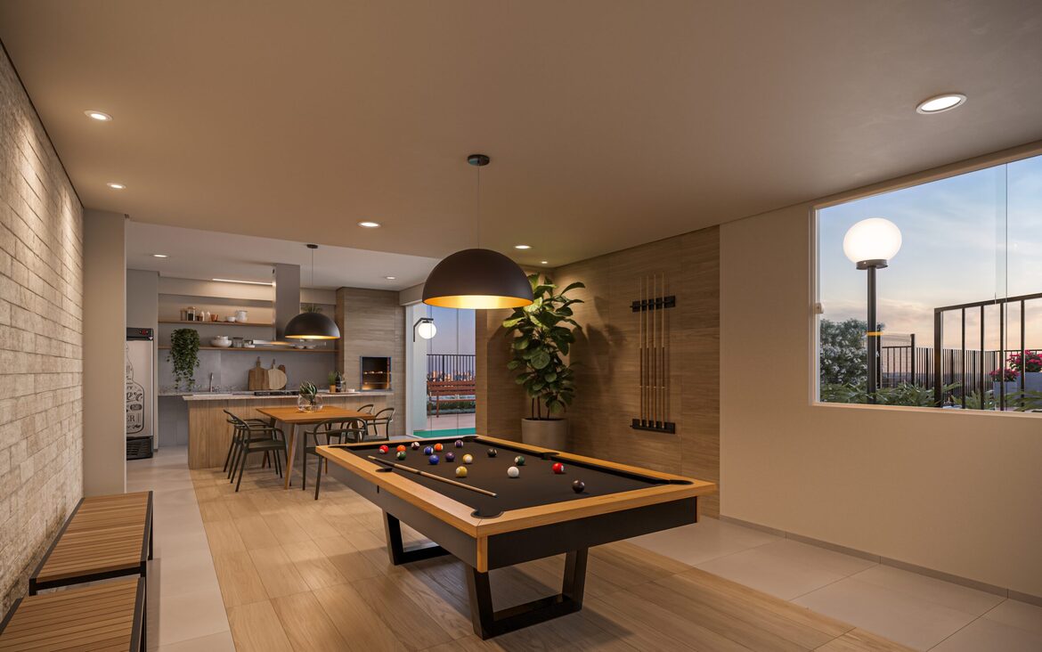 salao-jogos-mesa-sinuca Salão de jogos com mesa de sinuca profissional, luminárias pretas e área gourmet ao fundo.