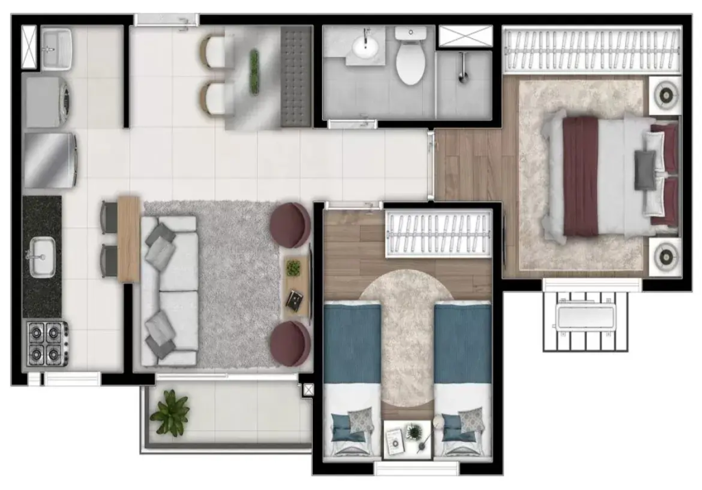 Planta humanizada de apartamento com 2 quartos, sendo 1 suíte e varanda, no empreendimento Now Praça C8, Setor Sudoeste.