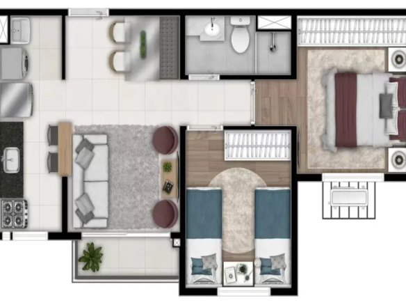 Planta humanizada de apartamento com 2 quartos, sendo 1 suíte e varanda, no empreendimento Now Praça C8, Setor Sudoeste.