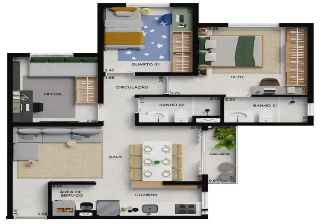 Planta humanizada de apartamento de 3 quartos com suíte e varanda no apartamento decorado do Now Praça C8, Setor Sudoeste.