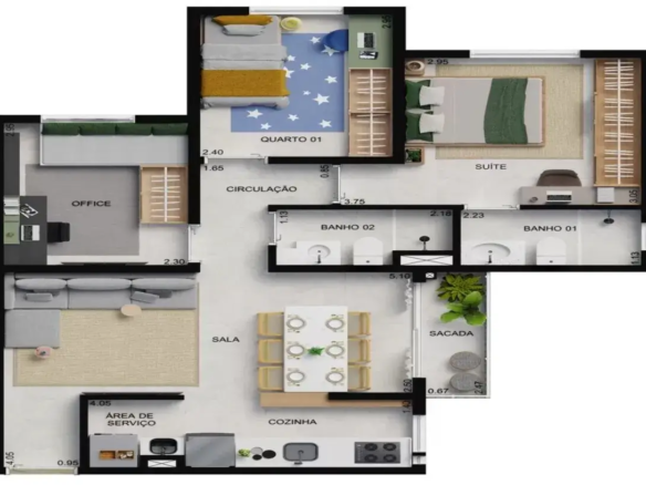 Planta humanizada de apartamento de 3 quartos com suíte e varanda no apartamento decorado do Now Praça C8, Setor Sudoeste.