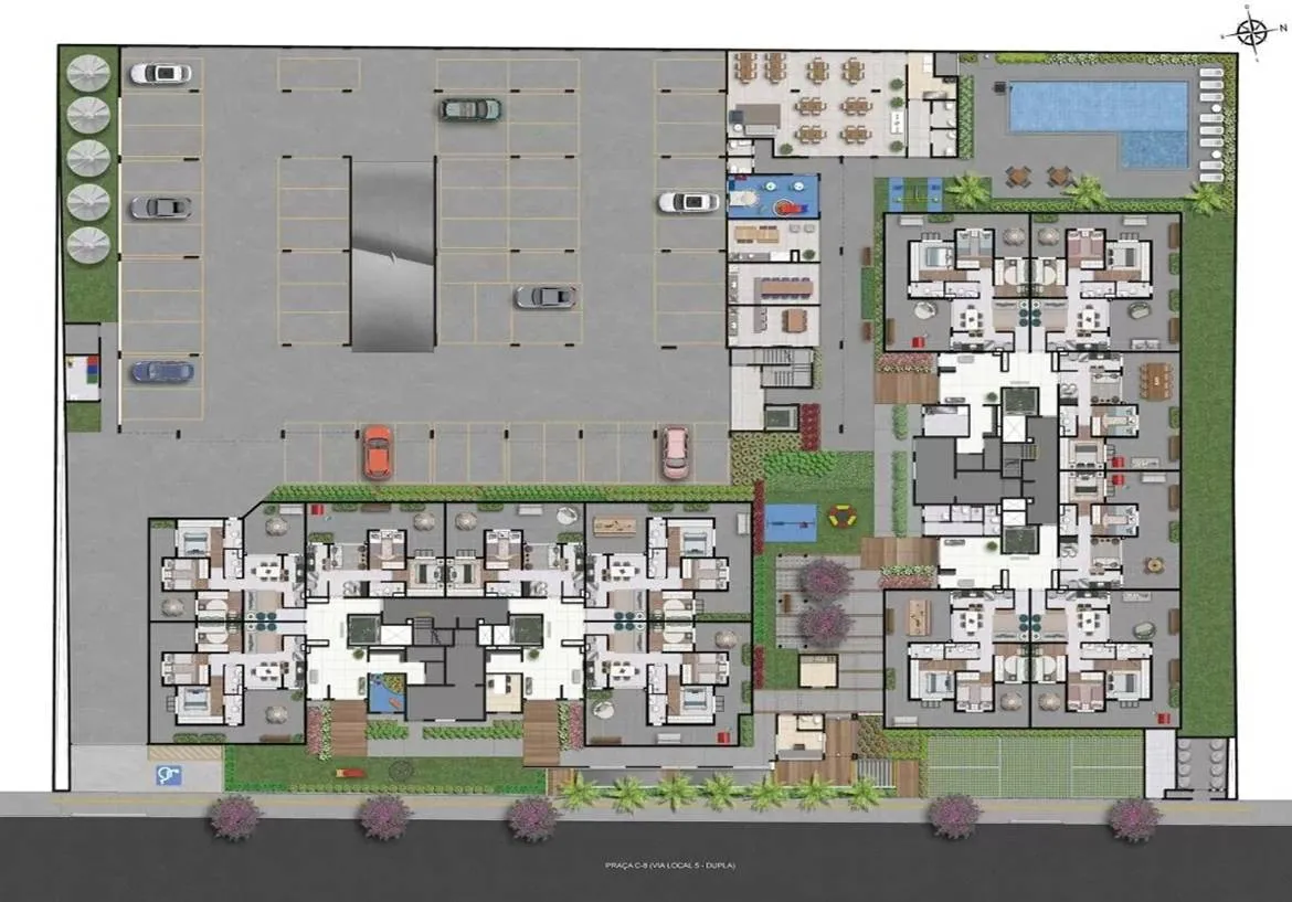 Planta humanizada de implantação do condomínio clube Now Praça C8 no Setor Sudoeste, Goiânia, com lazer completo, piscina e quadra.