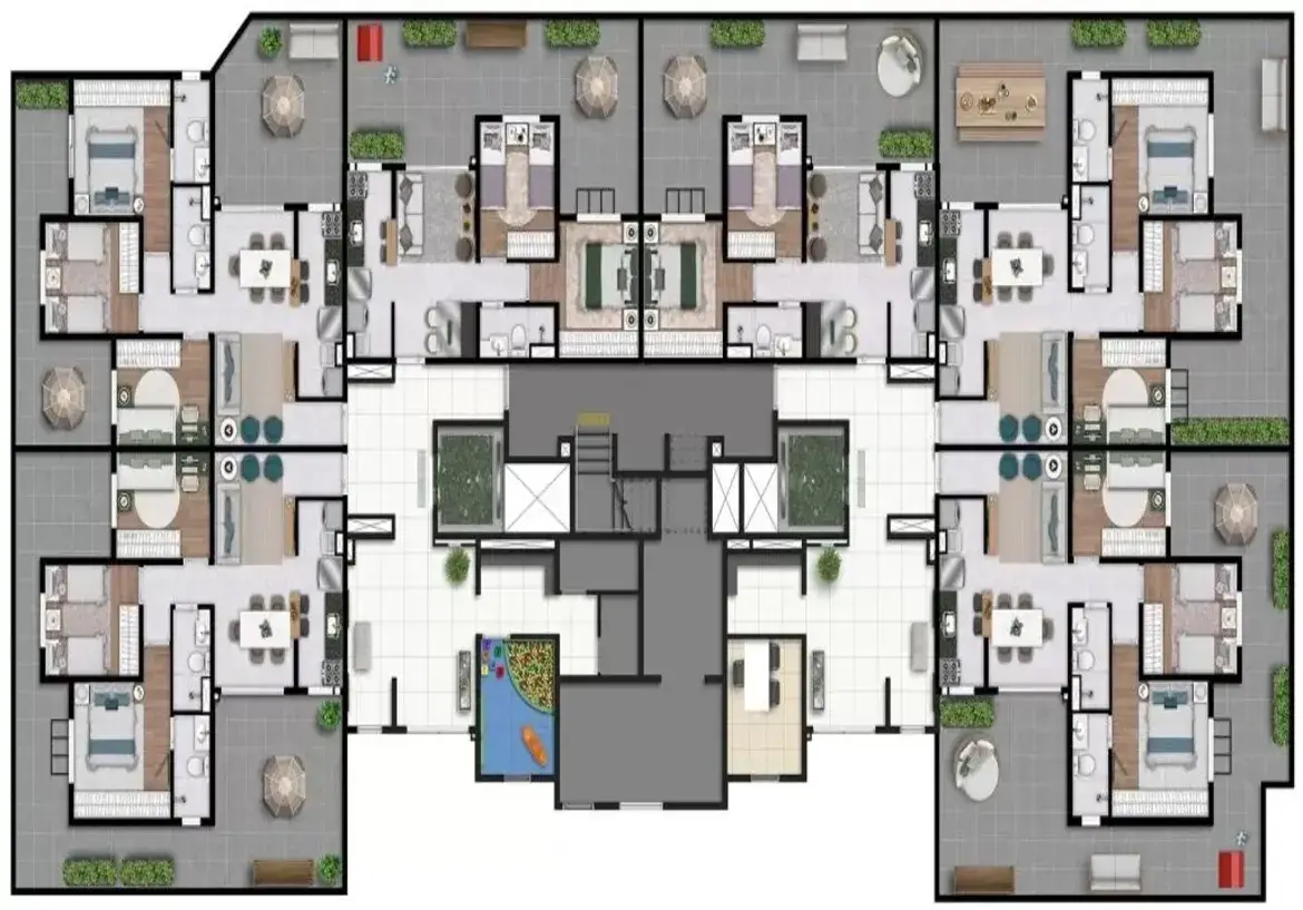 Planta humanizada de andar tipo das Torres A e B, com distribuição dos apartamentos e áreas de lazer no Now Praça C8, Setor Sudoeste.