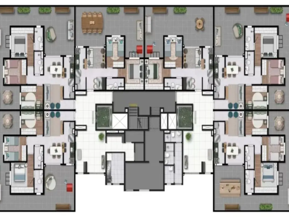 Layout do pavimento tipo das Torres C e D do Now Praça C8, com design inteligente, varandas gourmet e jardins internos em Goiânia.