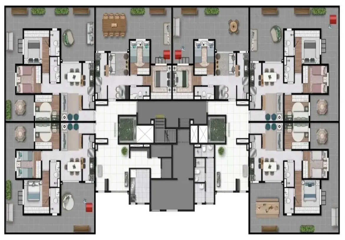 Layout do pavimento tipo das Torres C e D do Now Praça C8, com design inteligente, varandas gourmet e jardins internos em Goiânia.