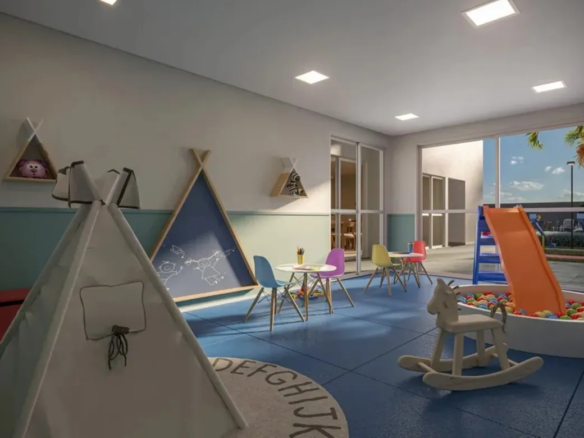 Brinquedoteca equipada e colorida, um espaço seguro para crianças no condomínio Now Praça C8, Setor sudoeste, Goiânia..