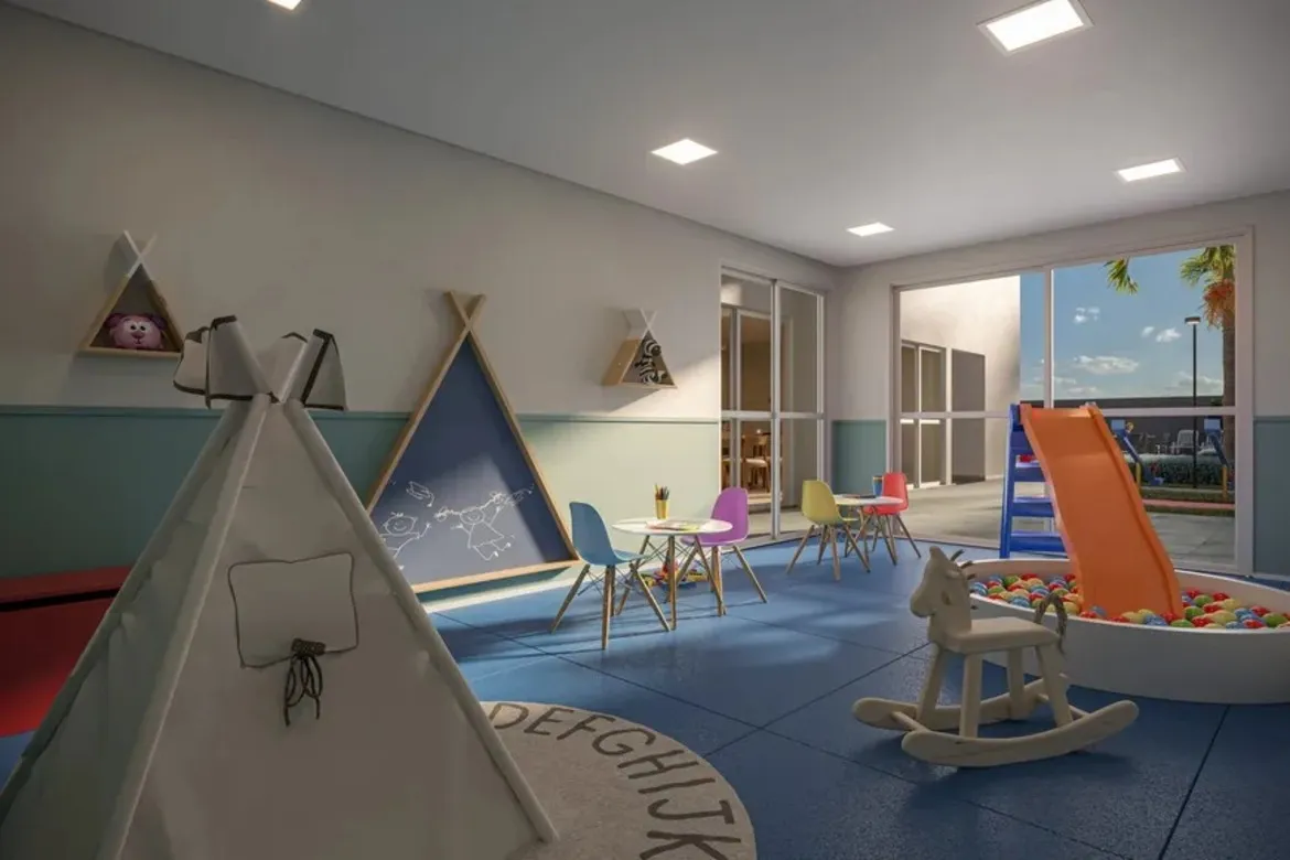 Brinquedoteca equipada e colorida, um espaço seguro para crianças no condomínio Now Praça C8, Setor sudoeste, Goiânia..