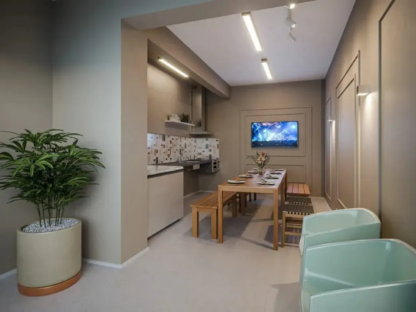 Espaço gourmet com churrasqueira a carvão e bancada de apoio no condomínio Now Praça C8.