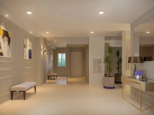 Espaço de recepção e espera no lobby do Now Praça C8, com acabamentos de alto padrão no Setor Sudoeste, Goiânia.