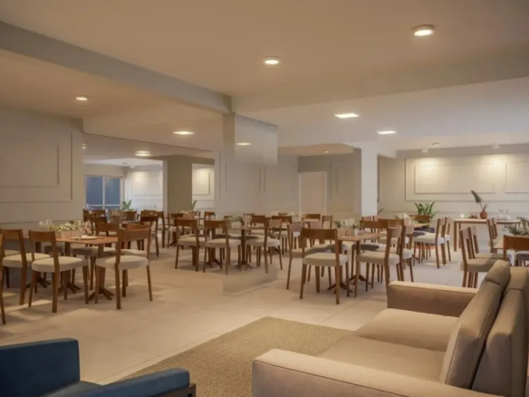 Salão de festas equipado e decorado do Now C8, ideal para eventos e confraternizações.