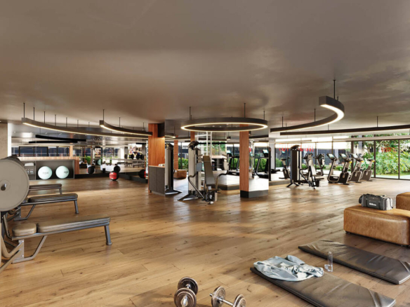 Academia moderna com piso de madeira e equipamentos de alta tecnologia no Opus Tellure.