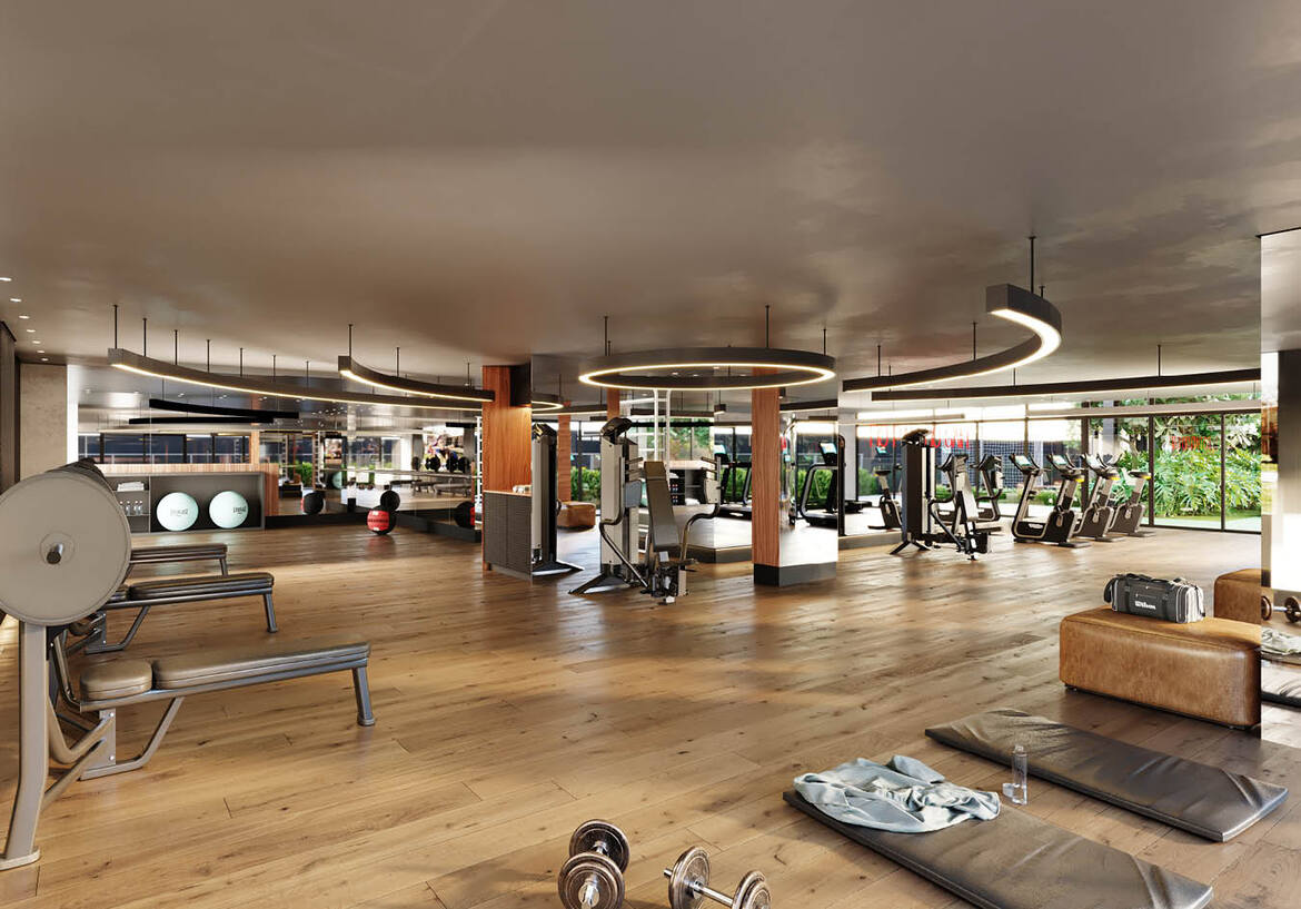 academia-moderna-opus-tellure Academia moderna com piso de madeira e equipamentos de alta tecnologia no Opus Tellure.