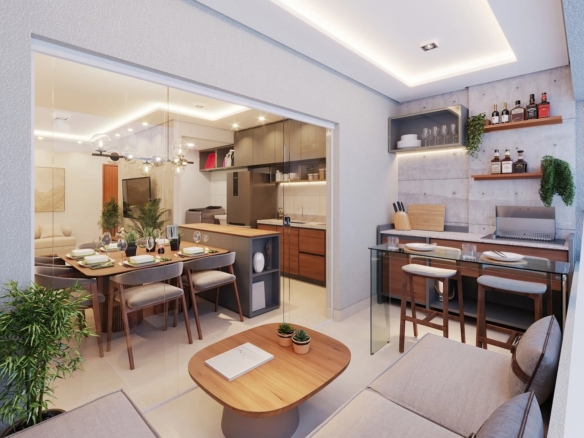 Vista da integração entre cozinha, sala e varanda gourmet no decorado do Varandas Flamboyant.