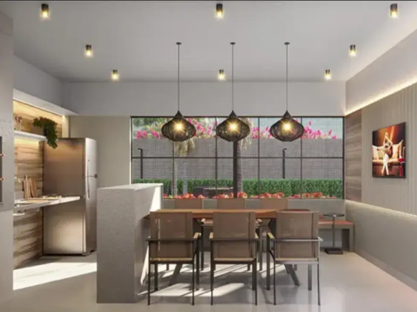 Espaço gourmet decorado com churrasqueira, balcão e mesas de madeira, ideal para reuniões sociais no condomínio.