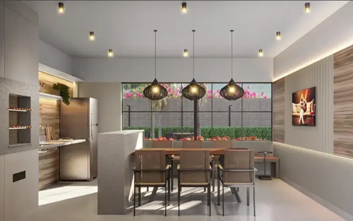 Espaço gourmet decorado com churrasqueira, balcão e mesas de madeira, ideal para reuniões sociais no condomínio.