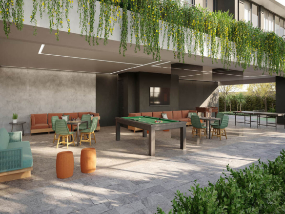 Espaço de jogos externo no Opus Tellure com mesa de sinuca, pingue-pongue e sofás.