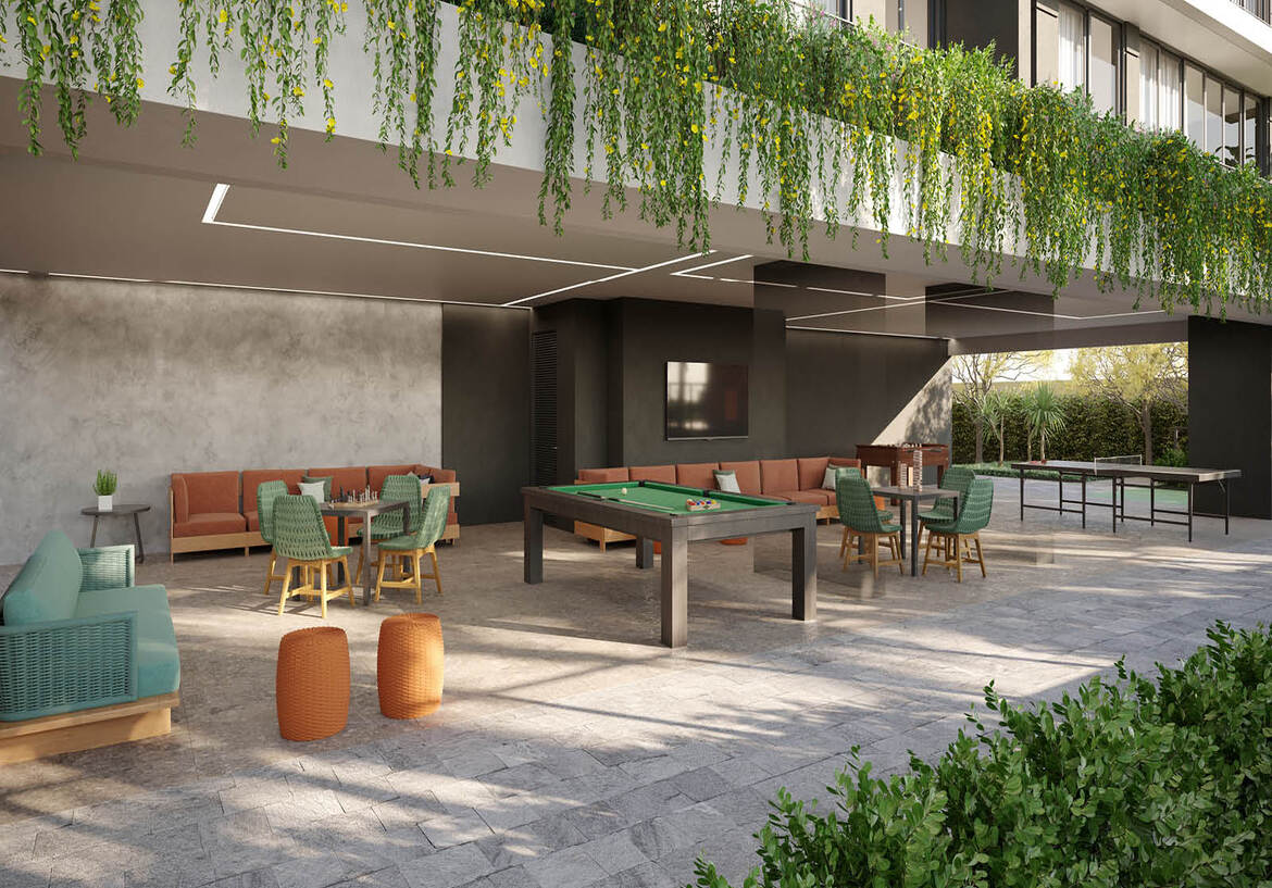 espaco-jogos-externo-opus-tellure Espaço de jogos externo no Opus Tellure com mesa de sinuca, pingue-pongue e sofás.