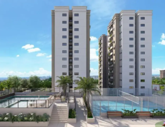 Fachada das duas torres do empreendimento Varandas Park, destacando a piscina e quadra esportiva.