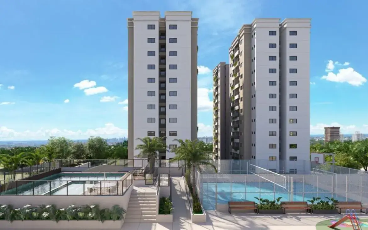 Fachada das duas torres do empreendimento Varandas Park, destacando a piscina e quadra esportiva.