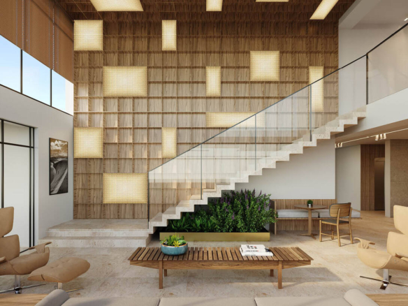 Hall de entrada luxuoso com parede decorativa em madeira iluminada e escada em balanço.