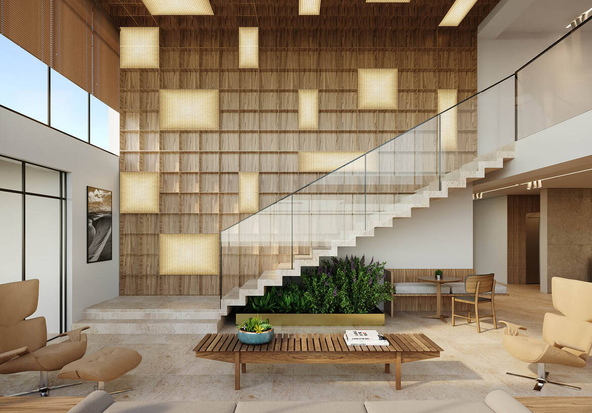 hall-entrada-luxo-design Hall de entrada luxuoso com parede decorativa em madeira iluminada e escada em balanço.