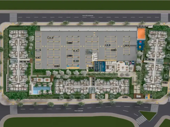 Vista aérea da implantação do Now Laguna, mostrando a disposição das torres, estacionamento e áreas de lazer.
