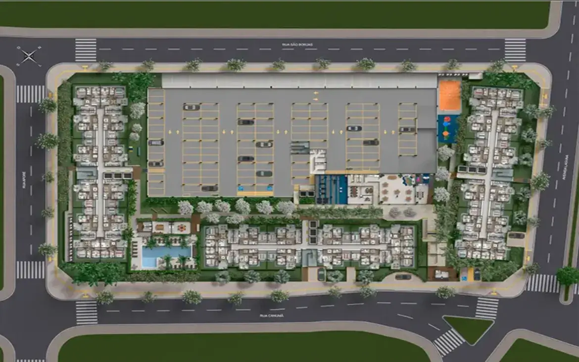 Vista aérea da implantação do Now Laguna, mostrando a disposição das torres, estacionamento e áreas de lazer.