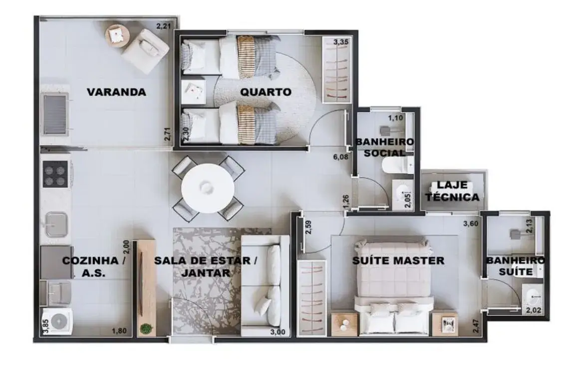 Layout de planta baixa demonstrando disposição inteligente da suíte, sala de jantar e varanda gourmet.