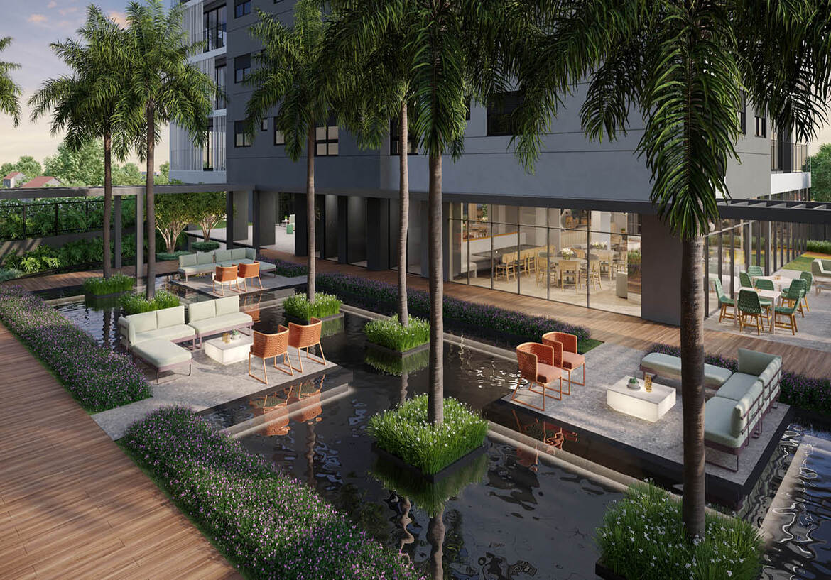 lounge-espelho-dagua-opus-tellure Área de lazer externa do Opus Tellure com lounges sobre espelho d'água e jardins.