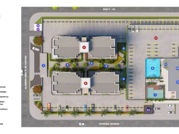 Mapa de implantação geral do Varandas Park mostrando torres, estacionamento e todas as áreas comuns.