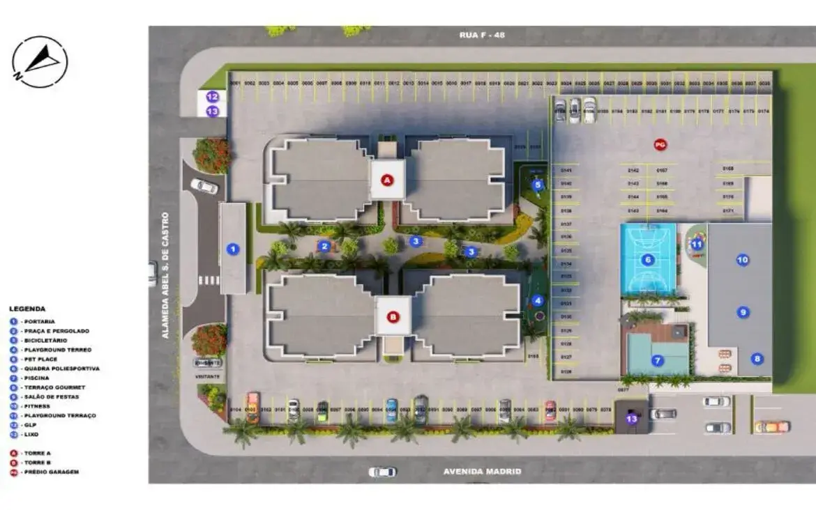 Mapa de implantação geral do Varandas Park mostrando torres, estacionamento e todas as áreas comuns.