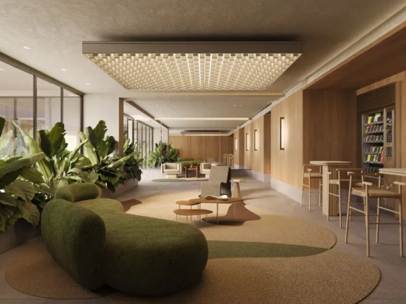 Espaço Market e lounge de convivência com decoração em madeira e sofá verde no Fascino Consciente.